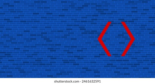 Blue Brick Wall with large red angle brackets symbol. The symbol is located on the right, on the left there is empty space for your content. Vector illustration on blue background