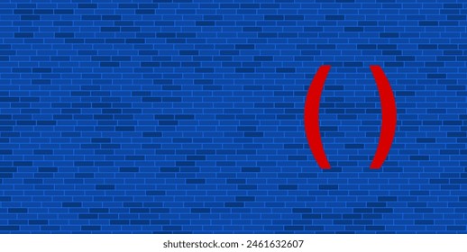 Blue Brick Wall with large red brackets symbol. The symbol is located on the right, on the left there is empty space for your content. Vector illustration on blue background