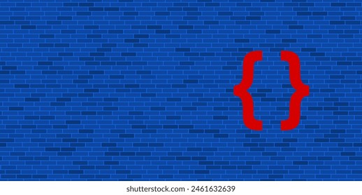 Blue Brick Wall with large red curly brackets symbol. The symbol is located on the right, on the left there is empty space for your content. Vector illustration on blue background