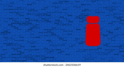 Blue Brick Wall with large red pepper shaker symbol. The symbol is located on the right, on the left there is empty space for your content. Vector illustration on blue background