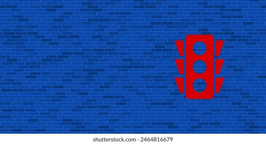 Blue Brick Wall with large red traffic lights symbol. The symbol is located on the right, on the left there is empty space for your content. Vector illustration on blue background