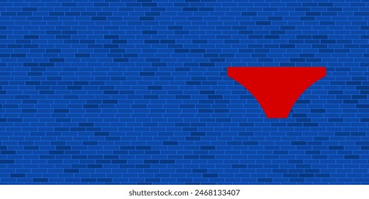 Blue Brick Wall with large red women's underpants symbol. The symbol is located on the right, on the left there is empty space for your content. Vector illustration on blue background