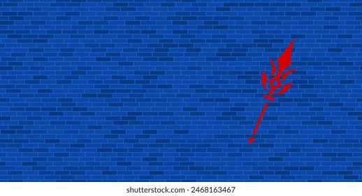 Blue Brick Wall with large red mystical Spear symbol. The symbol is located on the right, on the left there is empty space for your content. Vector illustration on blue background