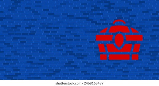 Pared de ladrillo azul con Grande símbolo rojo del cofre del tesoro. El símbolo se encuentra a la derecha, a la izquierda hay espacio vacío para su contenido. Ilustración vectorial sobre fondo azul