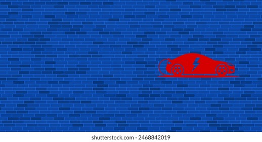 Blue Brick Wall with large red electric car symbol. The symbol is located on the right, on the left there is empty space for your content. Vector illustration on blue background