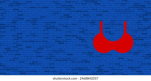 Pared de ladrillo azul con Grande símbolo de sujetador rojo. El símbolo se encuentra a la derecha, a la izquierda hay espacio vacío para su contenido. Ilustración vectorial sobre fondo azul