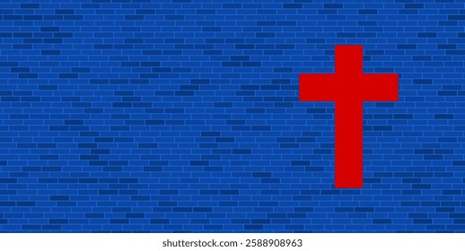 Blue Brick Wall with large red cross symbol. The symbol is located on the right, on the left there is empty space for your content. Vector illustration on blue background