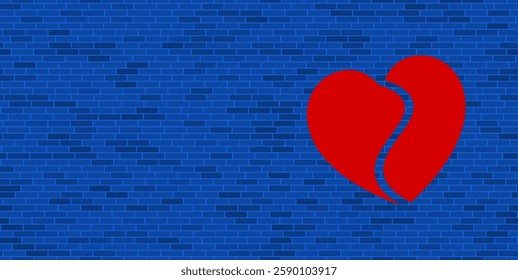 Blue Brick Wall with large red two halves of a heart symbol. The symbol is located on the right, on the left there is empty space for your content. Vector illustration on blue background