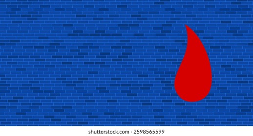 Blue Brick Wall with large red flame symbol. The symbol is located on the right, on the left there is empty space for your content. Vector illustration on blue background