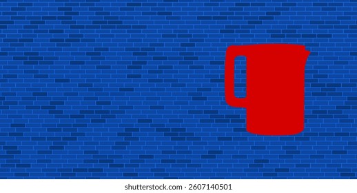 Blue Brick Wall with large red electric kettle symbol. The symbol is located on the right, on the left there is empty space for your content. Vector illustration on blue background