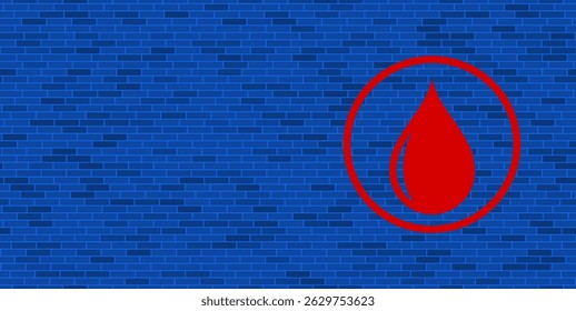 Pared de ladrillo azul con Grande rojo una gota de símbolo de aceite. El símbolo se encuentra a la derecha, a la izquierda hay espacio vacío para su contenido. Ilustración vectorial sobre fondo azul