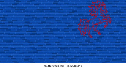 Blue Brick Wall with large red fiery horse symbol. The symbol is located on the right, on the left there is empty space for your content. Vector illustration on blue background