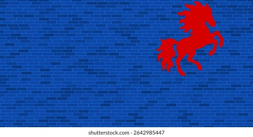 Blue Brick Wall with large red fiery horse symbol. The symbol is located on the right, on the left there is empty space for your content. Vector illustration on blue background