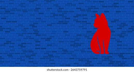 Blue Brick Wall with large red cat symbol. The symbol is located on the right, on the left there is empty space for your content. Vector illustration on blue background