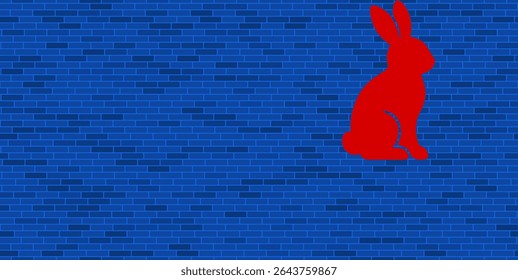 Blue Brick Wall with large red rabbit symbol. The symbol is located on the right, on the left there is empty space for your content. Vector illustration on blue background