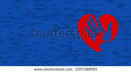 Blue Brick Wall with large red mom with baby symbol. The symbol is located on the right, on the left there is empty space for your content. Vector illustration on blue background