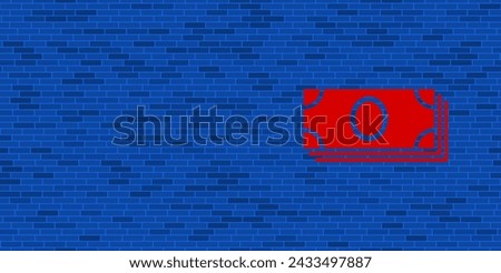 Blue Brick Wall with large red money bundle symbol. The symbol is located on the right, on the left there is empty space for your content. Vector illustration on blue background