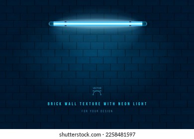 Blue brick wall texture with blue neon light and copy space - vector illustration