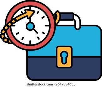 A blue briefcase with a clock on it. The clock is showing the time as 10:30