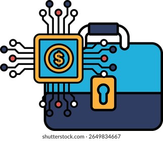 A blue briefcase with a dollar sign on it. The dollar sign is surrounded by a bunch of wires