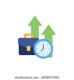 A blue briefcase with a green arrow pointing to the right and a clock with the hands on the numbers 3 and 9