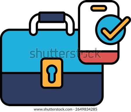 A blue briefcase with a key and a phone on top of it. The phone has a check mark on it