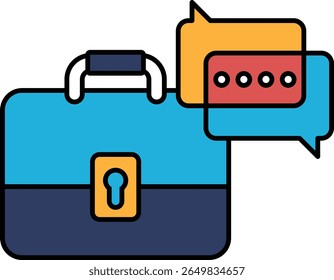 A blue briefcase with a lock on it and a red and yellow speech bubble with a key in it