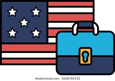A blue briefcase is placed on top of a red, white and blue American flag. The briefcase is open and the lock is visible
