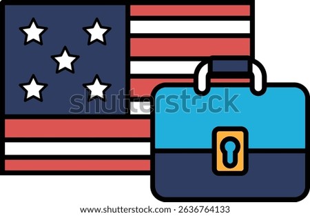 A blue briefcase is placed on top of a red, white and blue American flag. The briefcase is open and the lock is visible