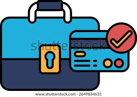 A blue briefcase with a red check mark on it. The briefcase is holding a credit card and a key