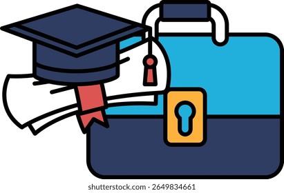 A blue briefcase with a red ribbon on it and a black cap on top of it. The briefcase is open and has a key in it