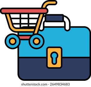 Uma pasta azul com um carrinho de compras em cima dela. A pasta está aberta e o carrinho de compras está dentro