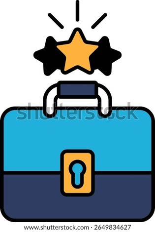 A blue briefcase with a star on it. The star is surrounded by other stars. The briefcase is open and the stars are shining through it