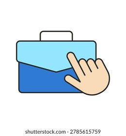 A blue briefcase with a top handle is shown with a beige hand touching the front. The simple outlined symbol sits centered on a light gray background.