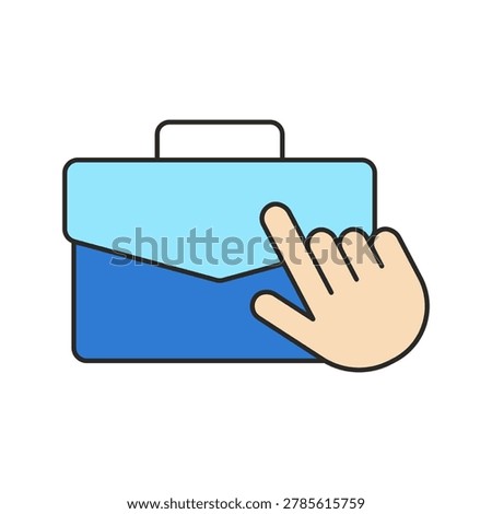 A blue briefcase with a top handle is shown with a beige hand touching the front. The simple outlined symbol sits centered on a light gray background.