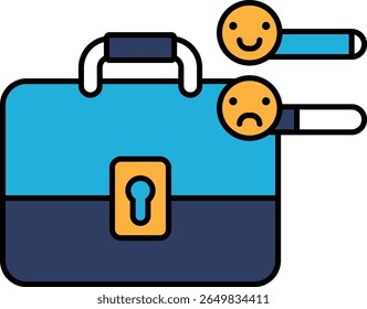 A blue briefcase with two sad faces on it. The briefcase is open and the sad faces are on the handle