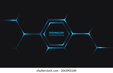 Blue bright energy flashes under hexagon in futuristic modern technology background. Black hexagonal technology abstract vector background. Dark gray honeycomb texture grid. Vector illustration.