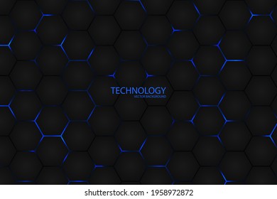 Blue bright energy flashing under the hexagon in modern futuristic technology background illustration. Hexagonal dark abstract background. Black mesh honeycomb texture.