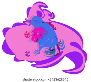 A blue bright funky bird, singing on a vintage romantic background. This cartoon illustration can be used as a logotype for singing and creative clubs, zoo groups, travel companies. Vector, isolated.