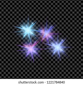 Blue bright glowing and shining star flares effect isolated on transparent background. Vector illustration
