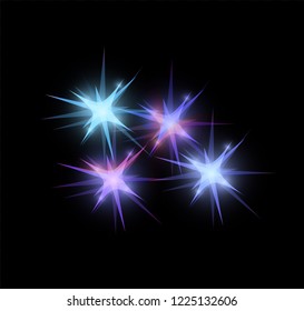 Blue bright glowing and shining star flares effect isolated on black background. Vector illustration
