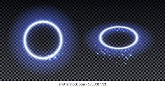 Blue Bright halo. Abstract glowing circles. Light optical effect halo on transparent background with sparkles. Vector illustration, eps10