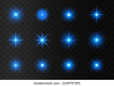 Blue bright illustration starburst. Set of glowing light stars with sparkles. Transparent shining sun, star explodes and bright flash. 