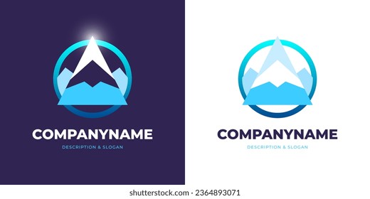 Blue bright logo with circle and three mountains in center, vector design
