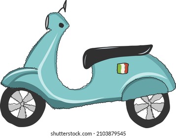 Blue bright power scooter isolated, side view. A vehicle to travel. Cute bike. Vector flat design illustration of motorcycle. Minimal colored isolated vector illustration
