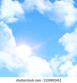 Blue bright sky with cumulus clouds and shine of sun vector illustration. Realistic cloudy weather, glare light effect of sunshine in high open air, beauty of nature and environment background