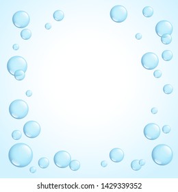 Blue bright sparkling soap bubbles frame, vector illustration