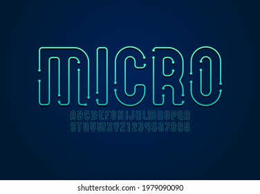 Blue bright thin font, condensed alphabet sans serif, uppercase Latin letters from A to Z and Arab numbers from 0 to 9, vector illustration 10EPS