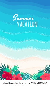 Blue and  bright turquoise sea, white sand background. Tropical beach with hibiscus flower and palm leaves. Retro vector illustration. Place for your text. Design for poster, flyer, invitation, card