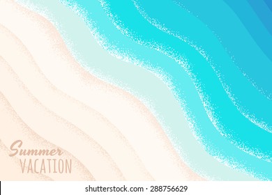 Blue and  bright turquoise sea, white sand background. Tropical beach. Top view. Retro vector illustration. Place for your text. Design for poster, flyer, invitation, card